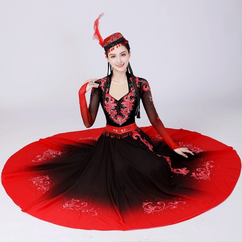 Women girls red with black gradient chinese folk xinjiang dance dresses Uyghur minority ethnic dance costumes  for female